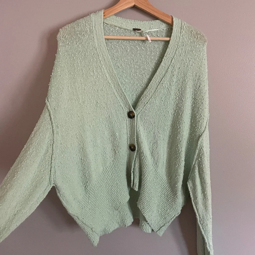 Free People Cardigan Womens XS Mint Green Textured Knit V-Neck Boho Sweater
